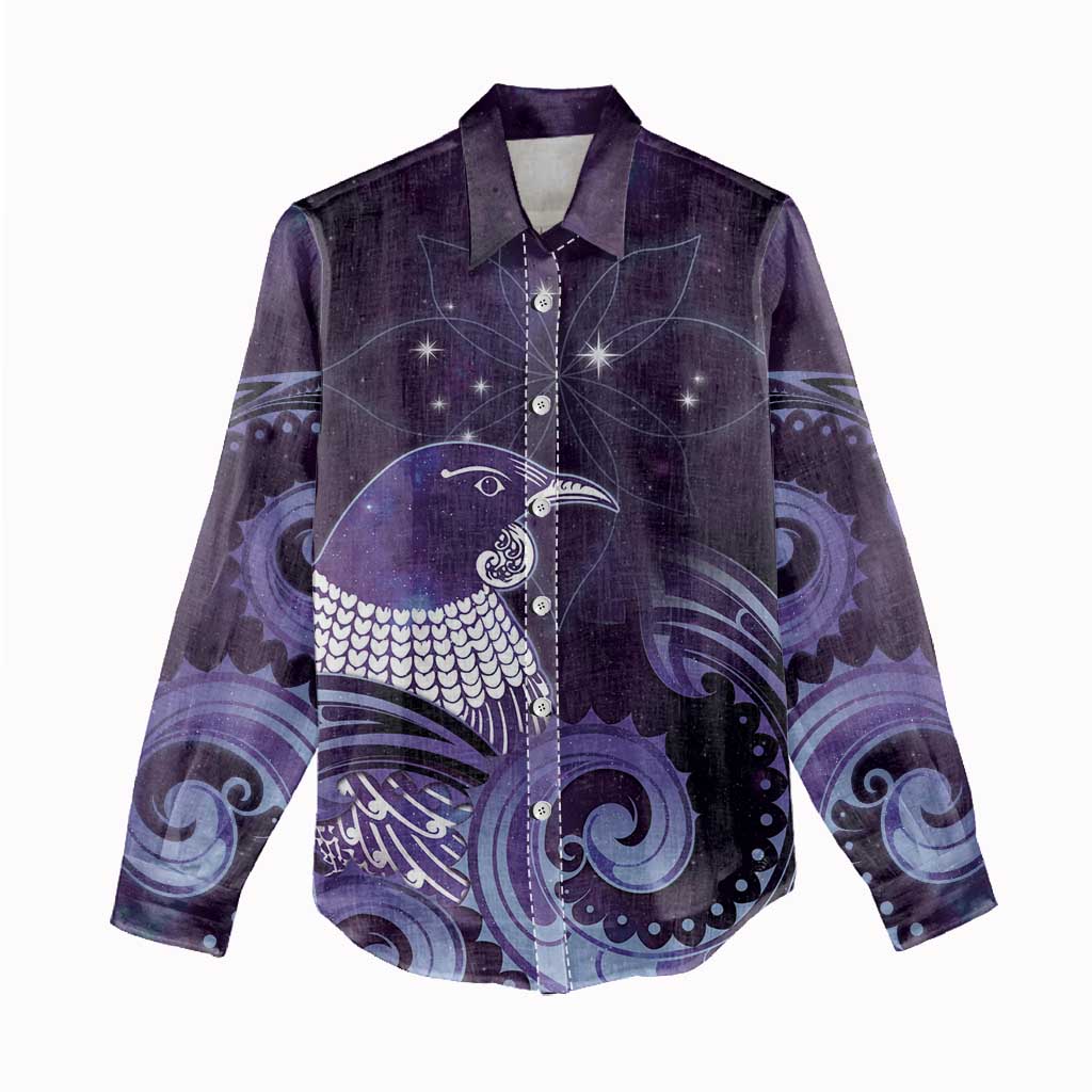 New Zealand Matariki Women Casual Shirt Maori Tui Bird Purple Galaxy DT05 - Polynesian Pride