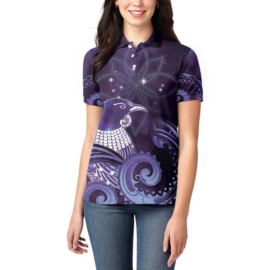 New Zealand Matariki Women Polo Shirt Maori Tui Bird Purple Galaxy DT05 - Polynesian Pride