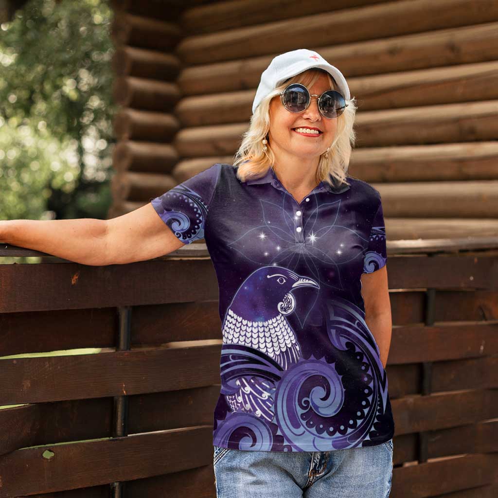 New Zealand Matariki Women Polo Shirt Maori Tui Bird Purple Galaxy DT05 - Polynesian Pride
