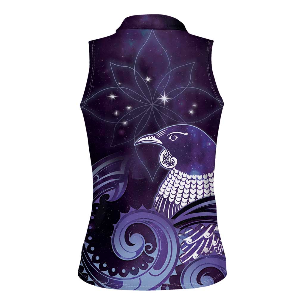 New Zealand Matariki Women Sleeveless Polo Shirt Maori Tui Bird Purple Galaxy DT05 - Polynesian Pride