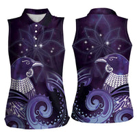 New Zealand Matariki Women Sleeveless Polo Shirt Maori Tui Bird Purple Galaxy DT05 - Polynesian Pride