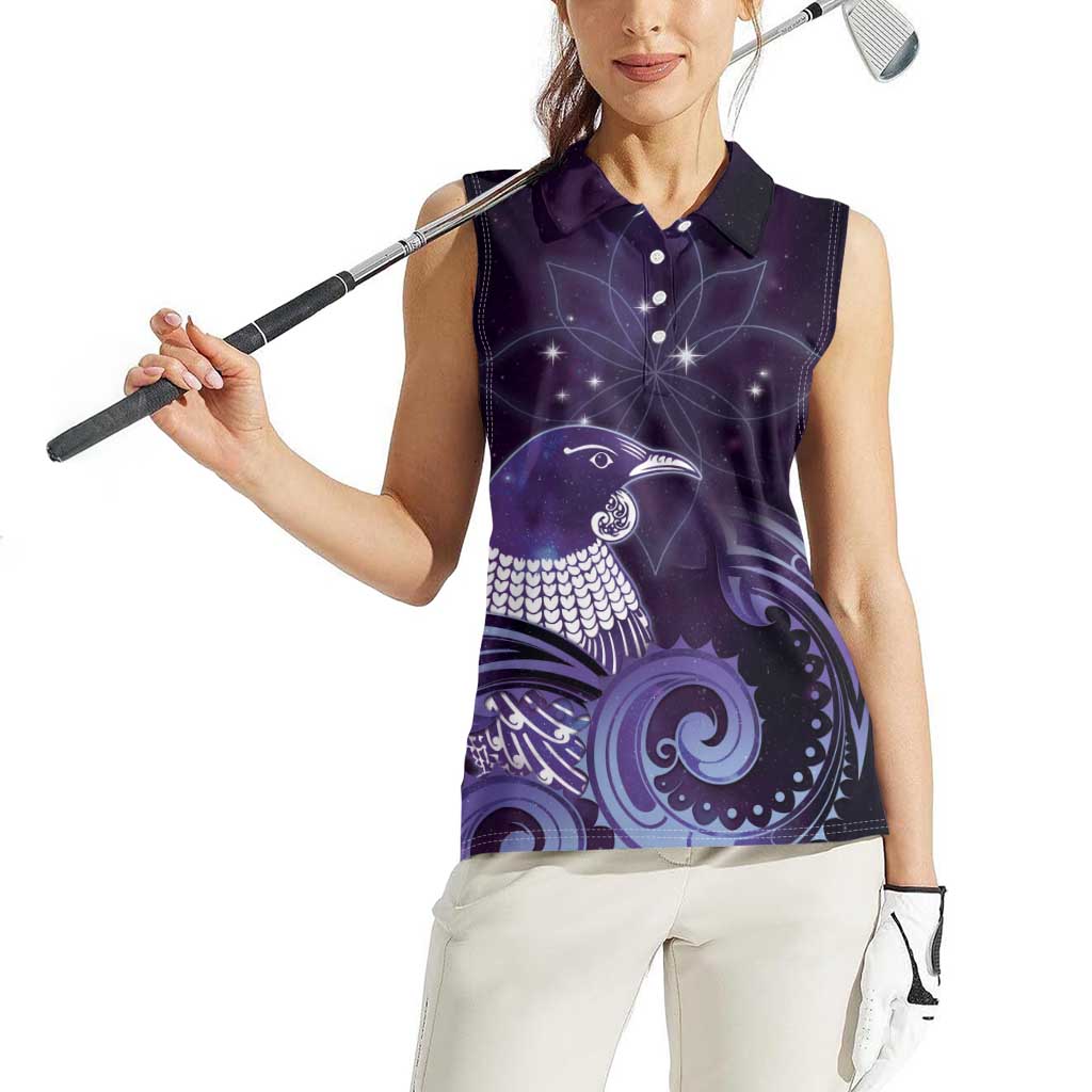 New Zealand Matariki Women Sleeveless Polo Shirt Maori Tui Bird Purple Galaxy DT05 - Polynesian Pride