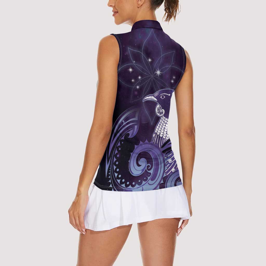 New Zealand Matariki Women Sleeveless Polo Shirt Maori Tui Bird Purple Galaxy DT05 - Polynesian Pride