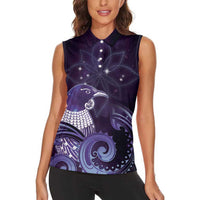 New Zealand Matariki Women Sleeveless Polo Shirt Maori Tui Bird Purple Galaxy DT05 - Polynesian Pride