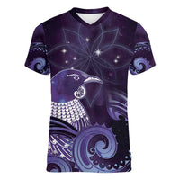 New Zealand Matariki Women V-Neck T-Shirt Maori Tui Bird Purple Galaxy DT05 Female Purple - Polynesian Pride
