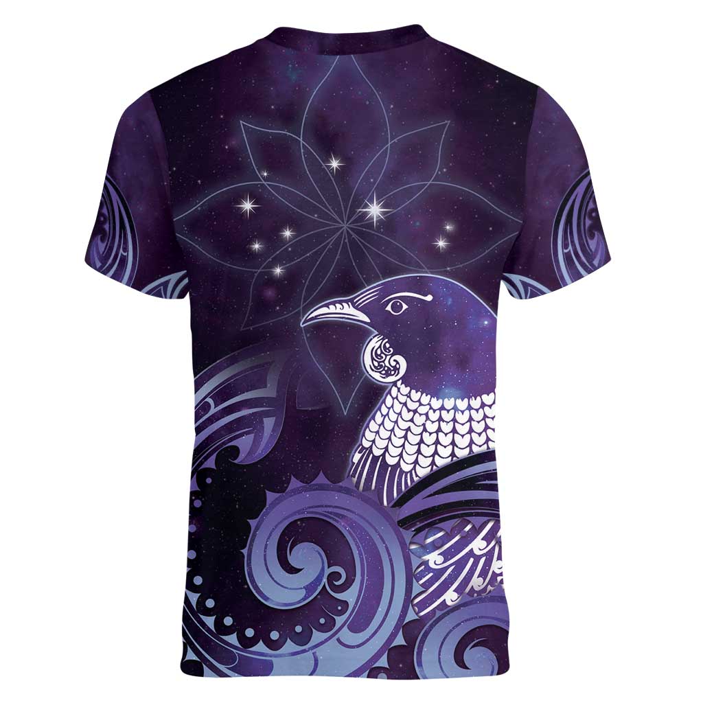 New Zealand Matariki Women V-Neck T-Shirt Maori Tui Bird Purple Galaxy DT05 - Polynesian Pride