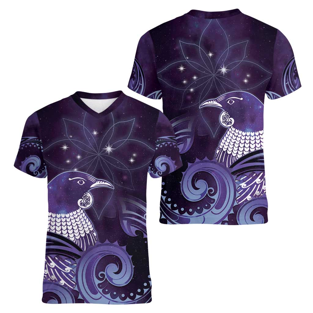New Zealand Matariki Women V-Neck T-Shirt Maori Tui Bird Purple Galaxy DT05 - Polynesian Pride