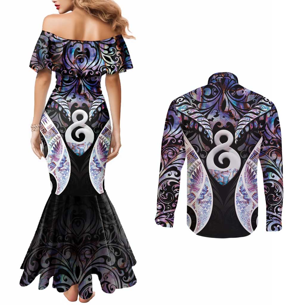 New Zealand Aotearoa Couples Matching Mermaid Dress and Long Sleeve Button Shirt Pikorua Single Twist Pink Paua Shell DT05 - Polynesian Pride