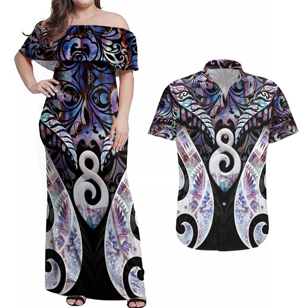New Zealand Aotearoa Couples Matching Off Shoulder Maxi Dress and Hawaiian Shirt Pikorua Single Twist Pink Paua Shell DT05 Pink - Polynesian Pride
