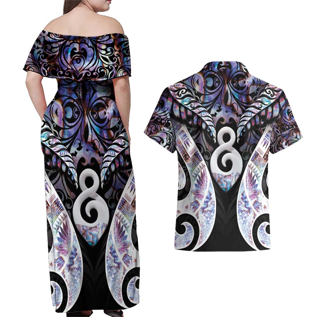 New Zealand Aotearoa Couples Matching Off Shoulder Maxi Dress and Hawaiian Shirt Pikorua Single Twist Pink Paua Shell DT05 - Polynesian Pride