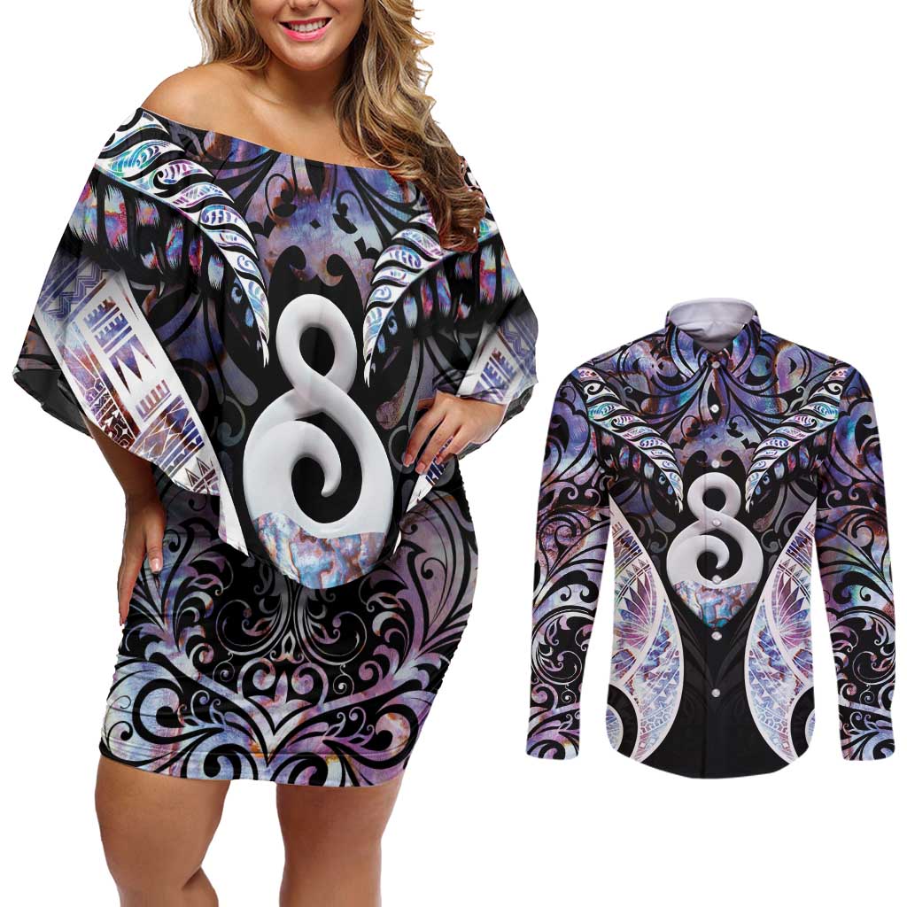 New Zealand Aotearoa Couples Matching Off Shoulder Short Dress and Long Sleeve Button Shirt Pikorua Single Twist Pink Paua Shell
