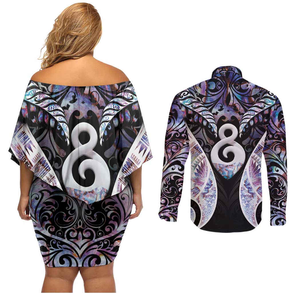New Zealand Aotearoa Couples Matching Off Shoulder Short Dress and Long Sleeve Button Shirt Pikorua Single Twist Pink Paua Shell