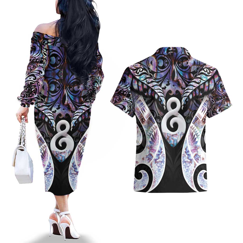 New Zealand Aotearoa Couples Matching Off The Shoulder Long Sleeve Dress and Hawaiian Shirt Pikorua Single Twist Pink Paua Shell DT05 - Polynesian Pride