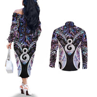 New Zealand Aotearoa Couples Matching Off The Shoulder Long Sleeve Dress and Long Sleeve Button Shirt Pikorua Single Twist Pink Paua Shell DT05 - Polynesian Pride