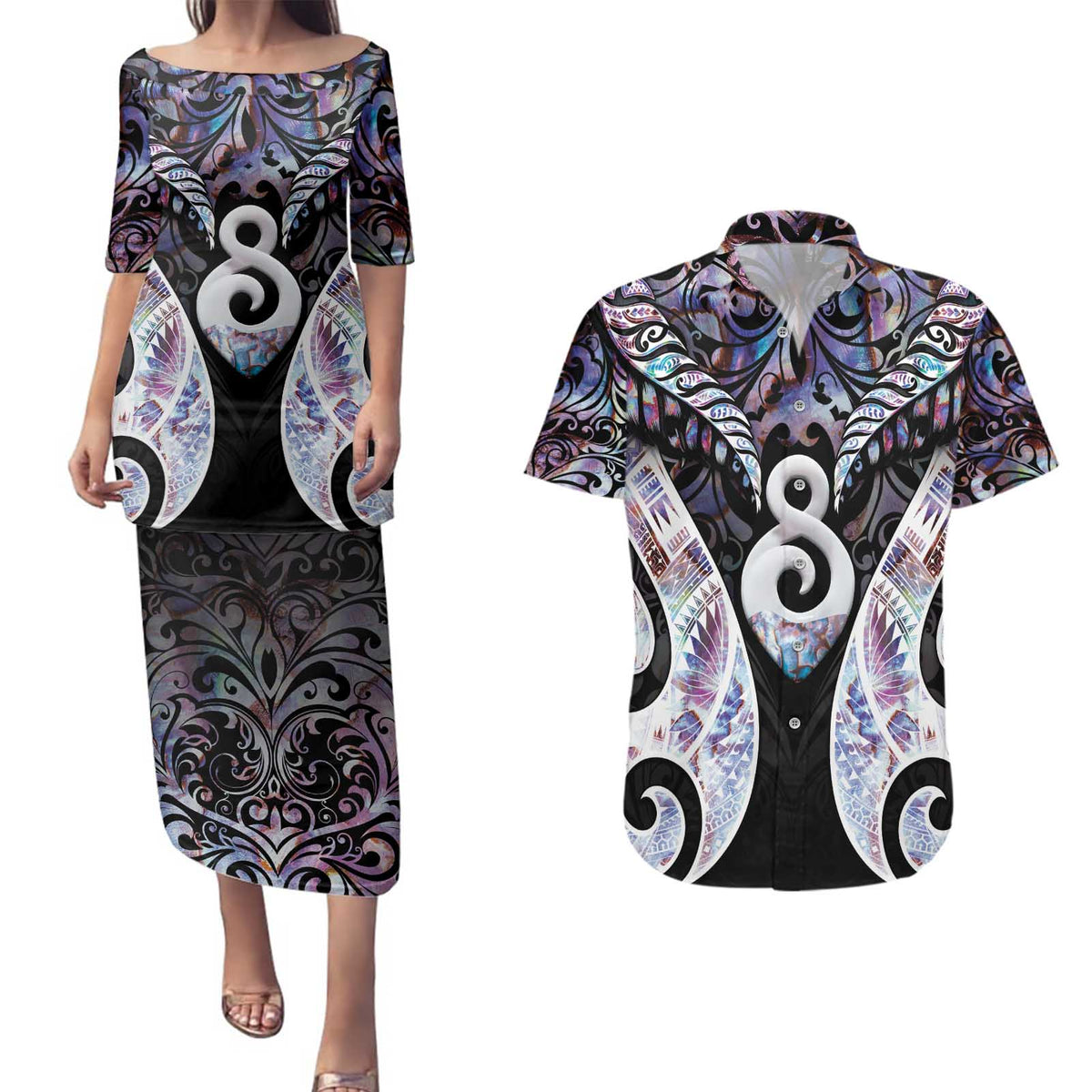 New Zealand Aotearoa Couples Matching Puletasi and Hawaiian Shirt Pikorua Single Twist Pink Paua Shell