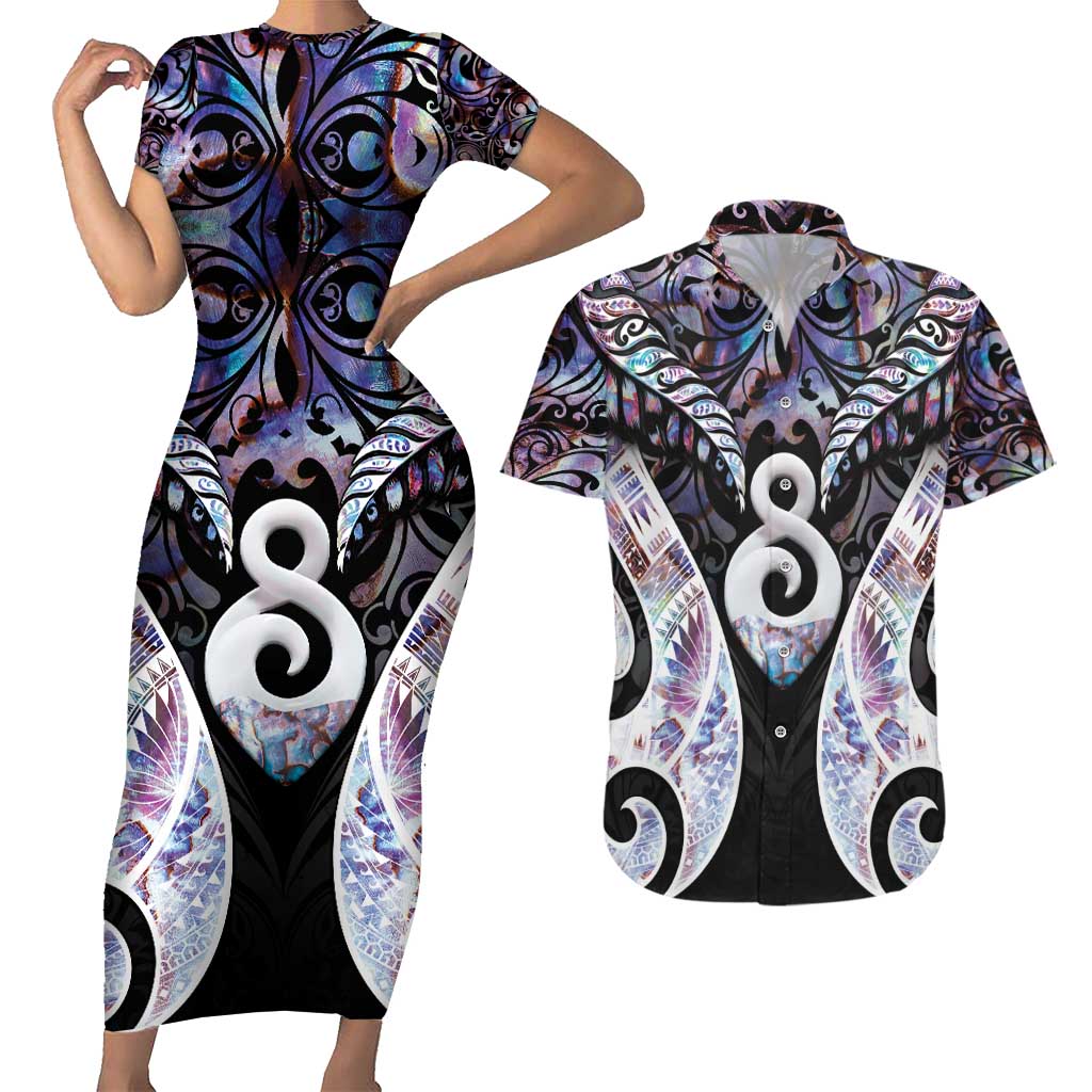 New Zealand Aotearoa Couples Matching Short Sleeve Bodycon Dress and Hawaiian Shirt Pikorua Single Twist Pink Paua Shell DT05 Pink - Polynesian Pride