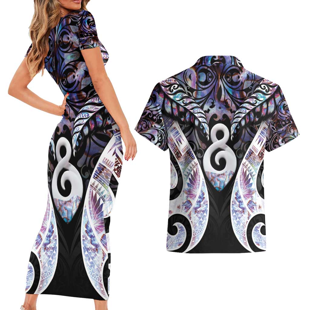 New Zealand Aotearoa Couples Matching Short Sleeve Bodycon Dress and Hawaiian Shirt Pikorua Single Twist Pink Paua Shell DT05 - Polynesian Pride