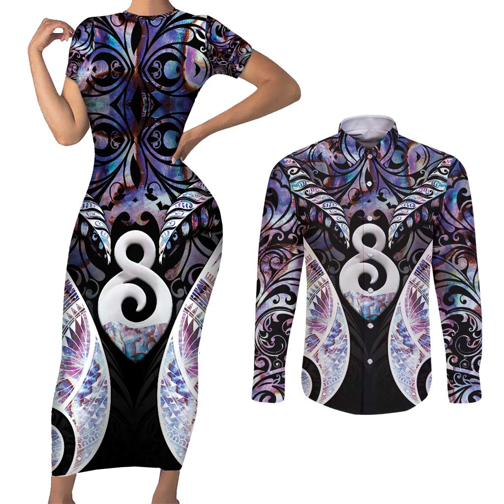 New Zealand Aotearoa Couples Matching Short Sleeve Bodycon Dress and Long Sleeve Button Shirt Pikorua Single Twist Pink Paua Shell DT05 Pink - Polynesian Pride