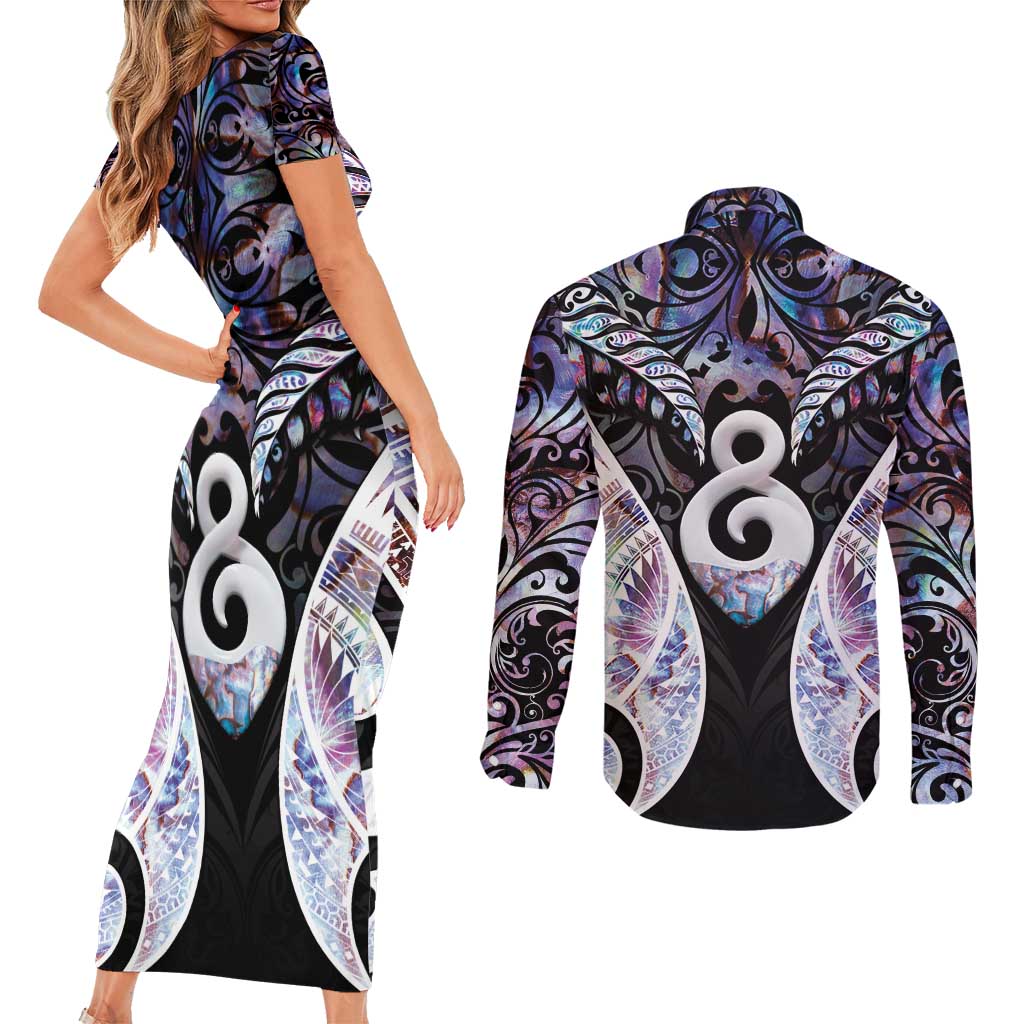 New Zealand Aotearoa Couples Matching Short Sleeve Bodycon Dress and Long Sleeve Button Shirt Pikorua Single Twist Pink Paua Shell DT05 - Polynesian Pride