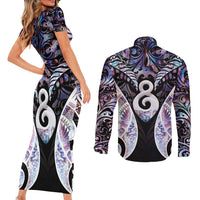 New Zealand Aotearoa Couples Matching Short Sleeve Bodycon Dress and Long Sleeve Button Shirt Pikorua Single Twist Pink Paua Shell DT05 - Polynesian Pride