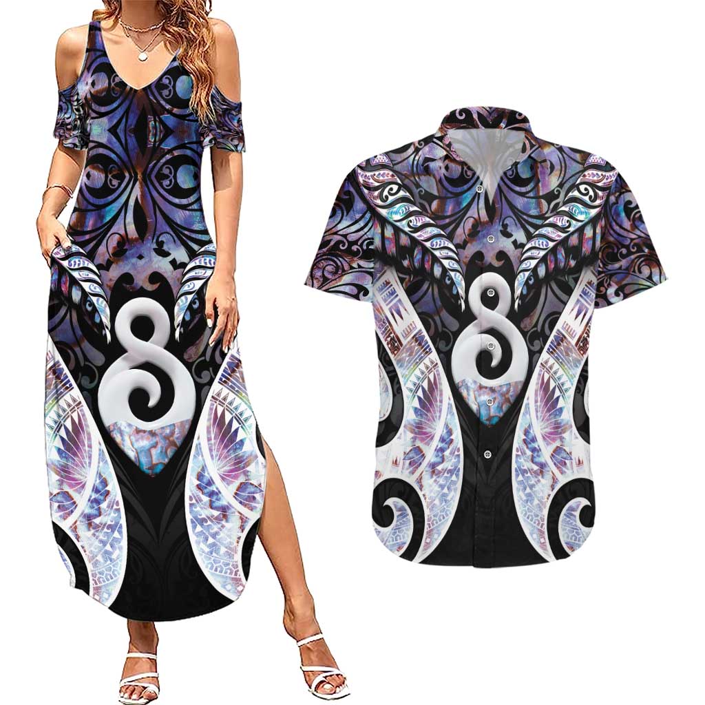 New Zealand Aotearoa Couples Matching Summer Maxi Dress and Hawaiian Shirt Pikorua Single Twist Pink Paua Shell DT05 Pink - Polynesian Pride