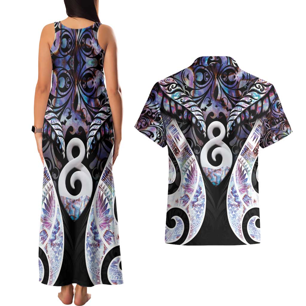 New Zealand Aotearoa Couples Matching Tank Maxi Dress and Hawaiian Shirt Pikorua Single Twist Pink Paua Shell DT05 - Polynesian Pride