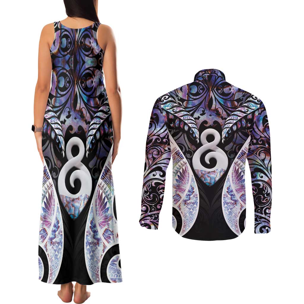 New Zealand Aotearoa Couples Matching Tank Maxi Dress and Long Sleeve Button Shirt Pikorua Single Twist Pink Paua Shell