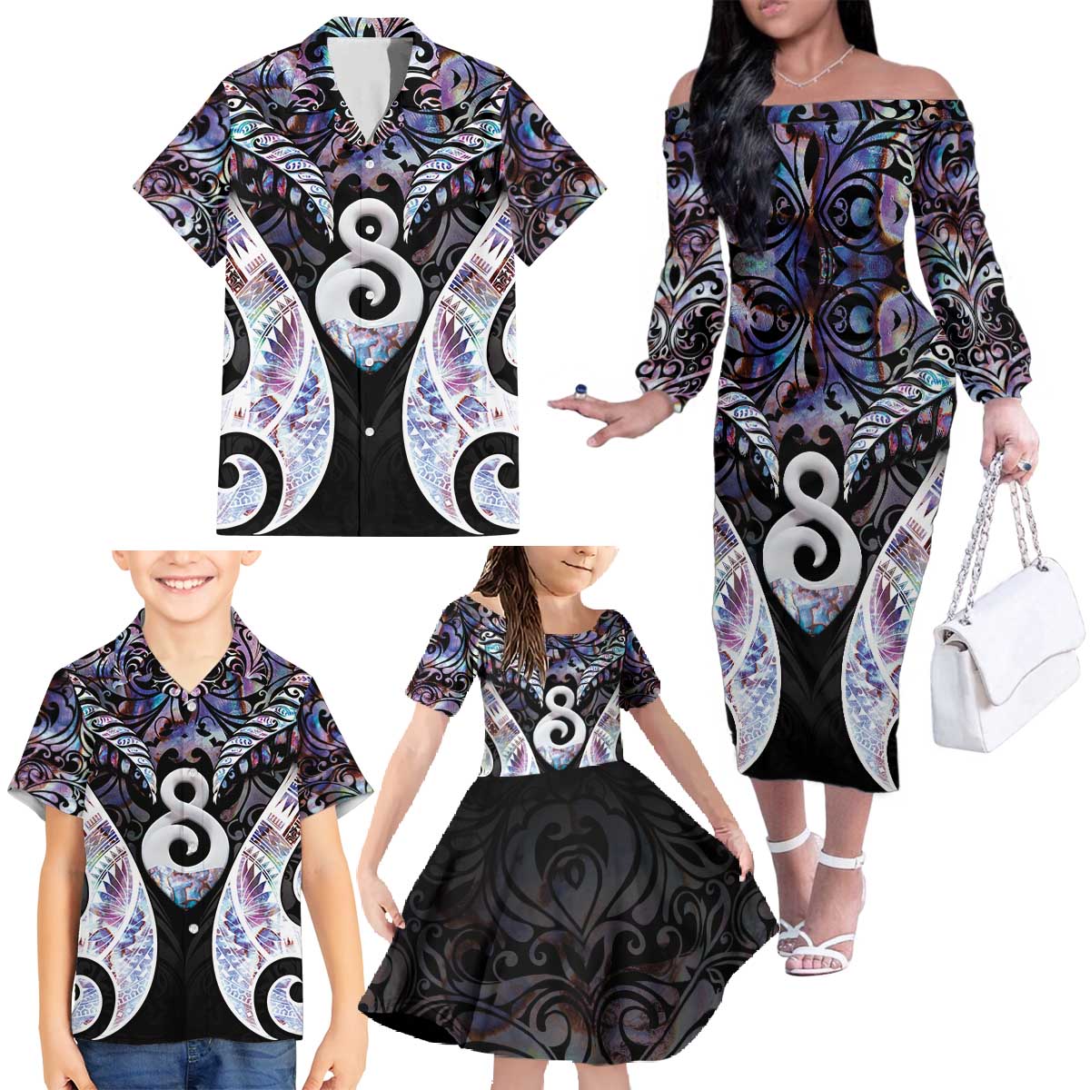 New Zealand Aotearoa Family Matching Off The Shoulder Long Sleeve Dress and Hawaiian Shirt Pikorua Single Twist Pink Paua Shell DT05 - Polynesian Pride