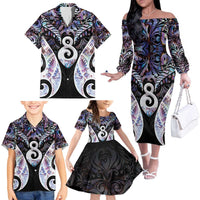New Zealand Aotearoa Family Matching Off The Shoulder Long Sleeve Dress and Hawaiian Shirt Pikorua Single Twist Pink Paua Shell DT05 - Polynesian Pride