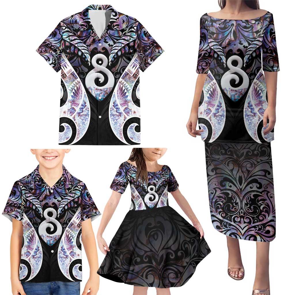 New Zealand Aotearoa Family Matching Puletasi and Hawaiian Shirt Pikorua Single Twist Pink Paua Shell DT05 - Polynesian Pride
