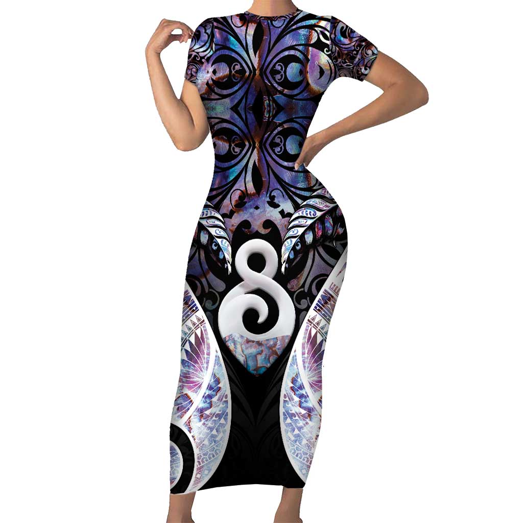 New Zealand Aotearoa Family Matching Short Sleeve Bodycon Dress and Hawaiian Shirt Pikorua Single Twist Pink Paua Shell DT05 Mom's Dress Pink - Polynesian Pride