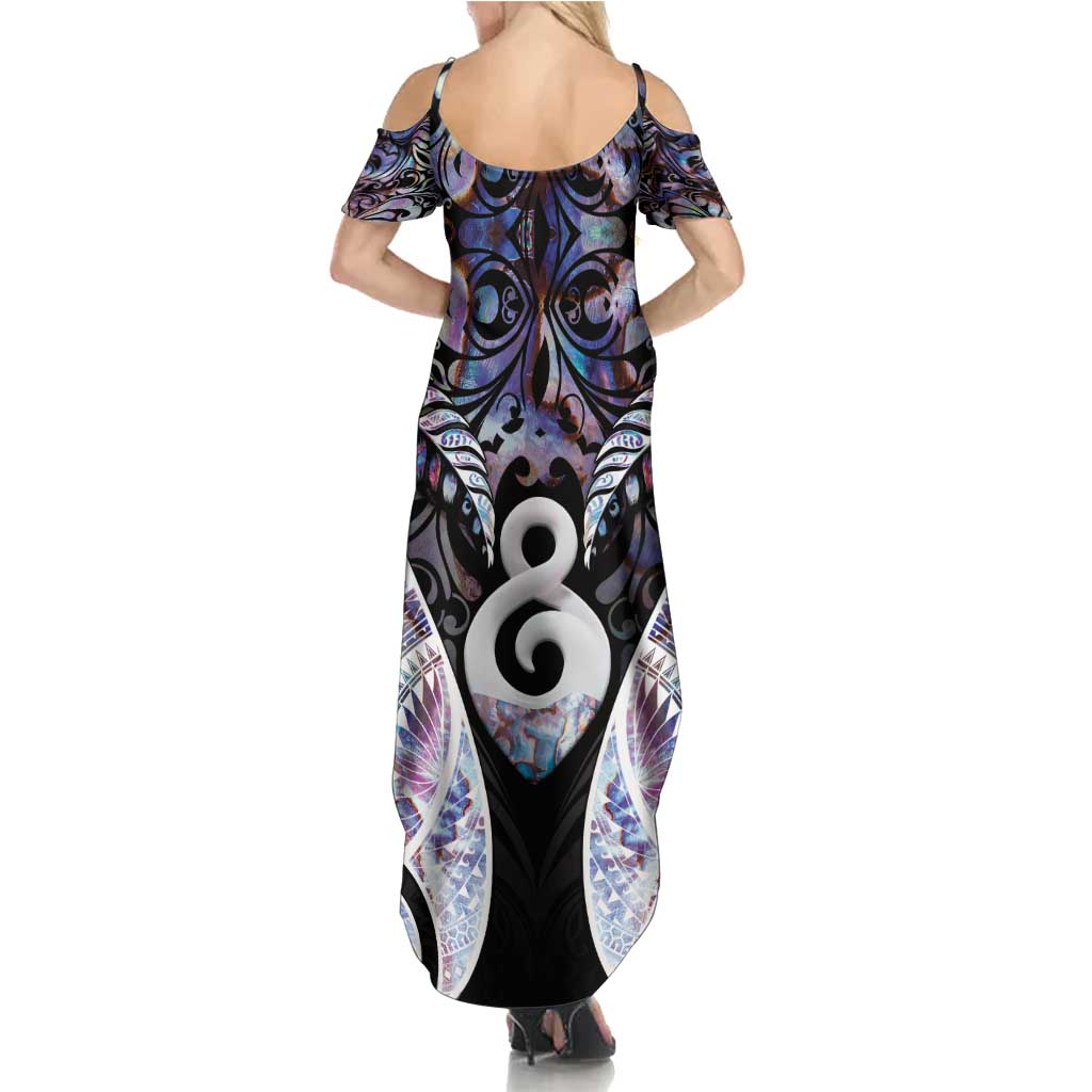 New Zealand Aotearoa Family Matching Summer Maxi Dress and Hawaiian Shirt Pikorua Single Twist Pink Paua Shell DT05 - Polynesian Pride