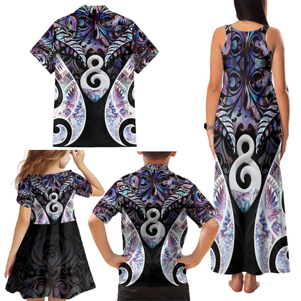 New Zealand Aotearoa Family Matching Tank Maxi Dress and Hawaiian Shirt Pikorua Single Twist Pink Paua Shell DT05 - Polynesian Pride