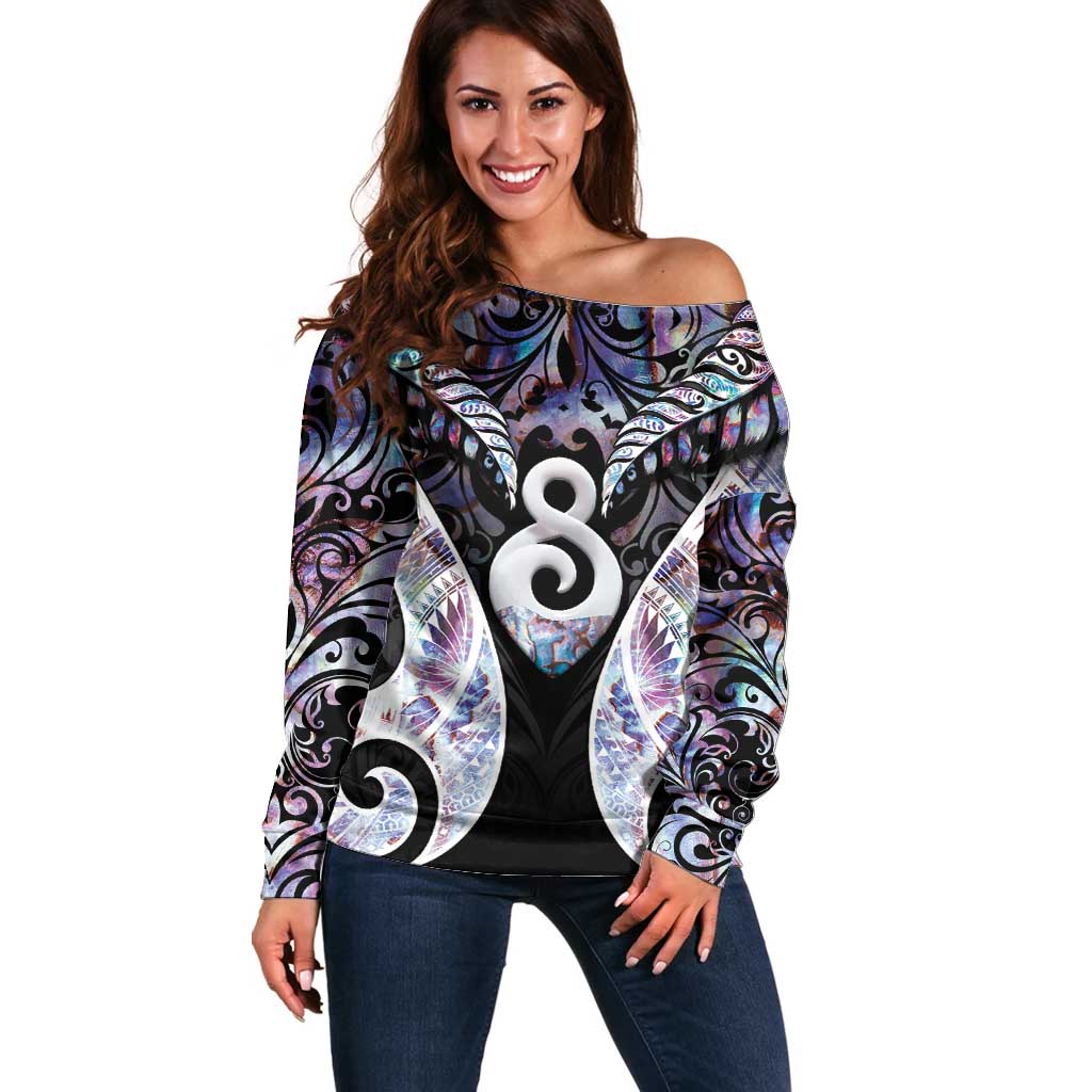 New Zealand Aotearoa Off Shoulder Sweater Pikorua Single Twist Pink Paua Shell DT05 Women Pink - Polynesian Pride