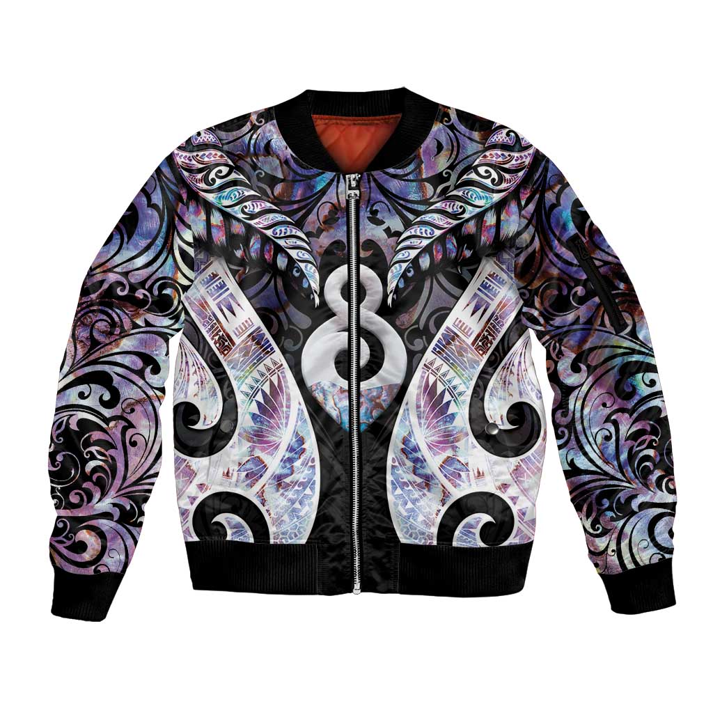 New Zealand Aotearoa Sleeve Zip Bomber Jacket Pikorua Single Twist Pink Paua Shell DT05 Unisex Pink - Polynesian Pride
