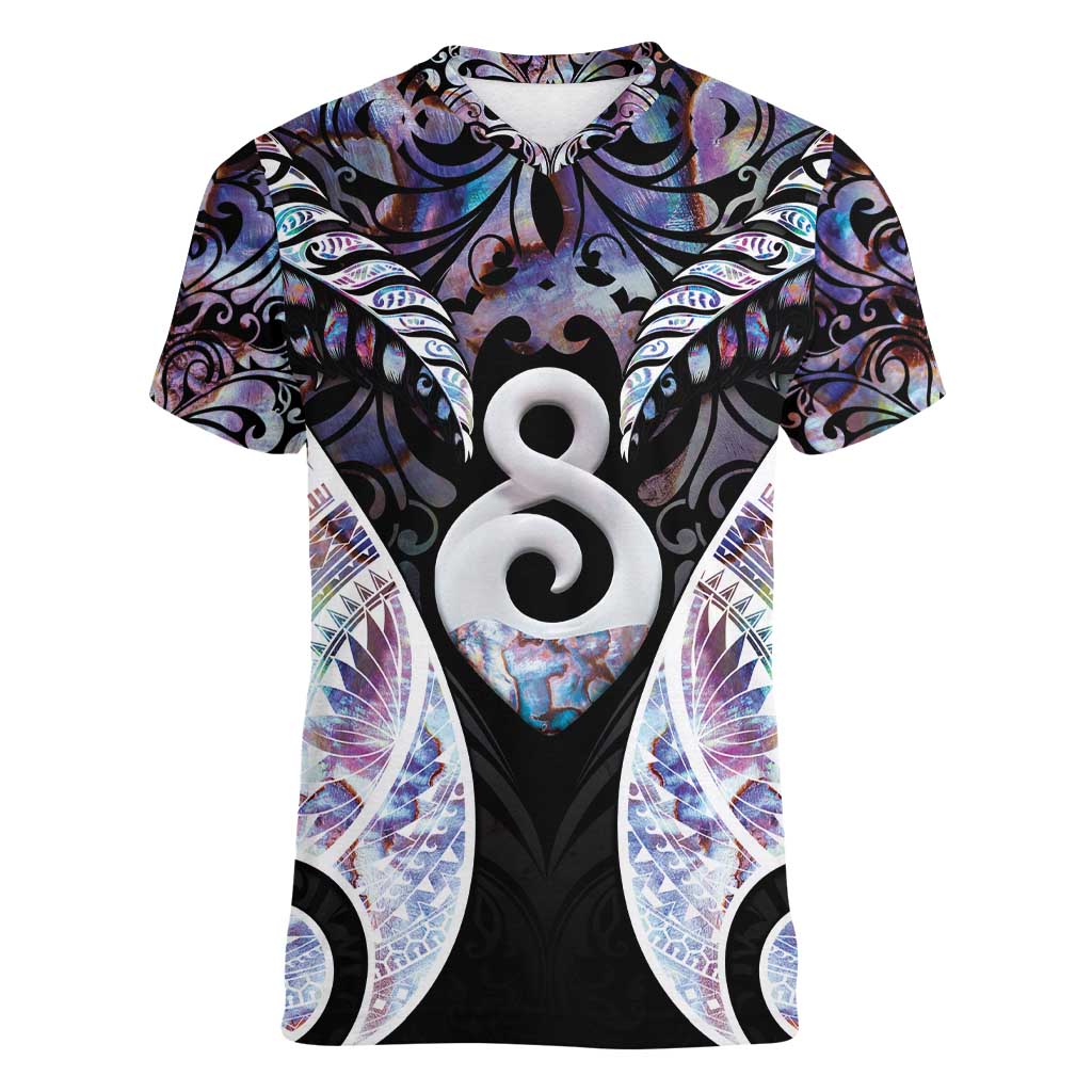 New Zealand Aotearoa Women V-Neck T-Shirt Pikorua Single Twist Pink Paua Shell