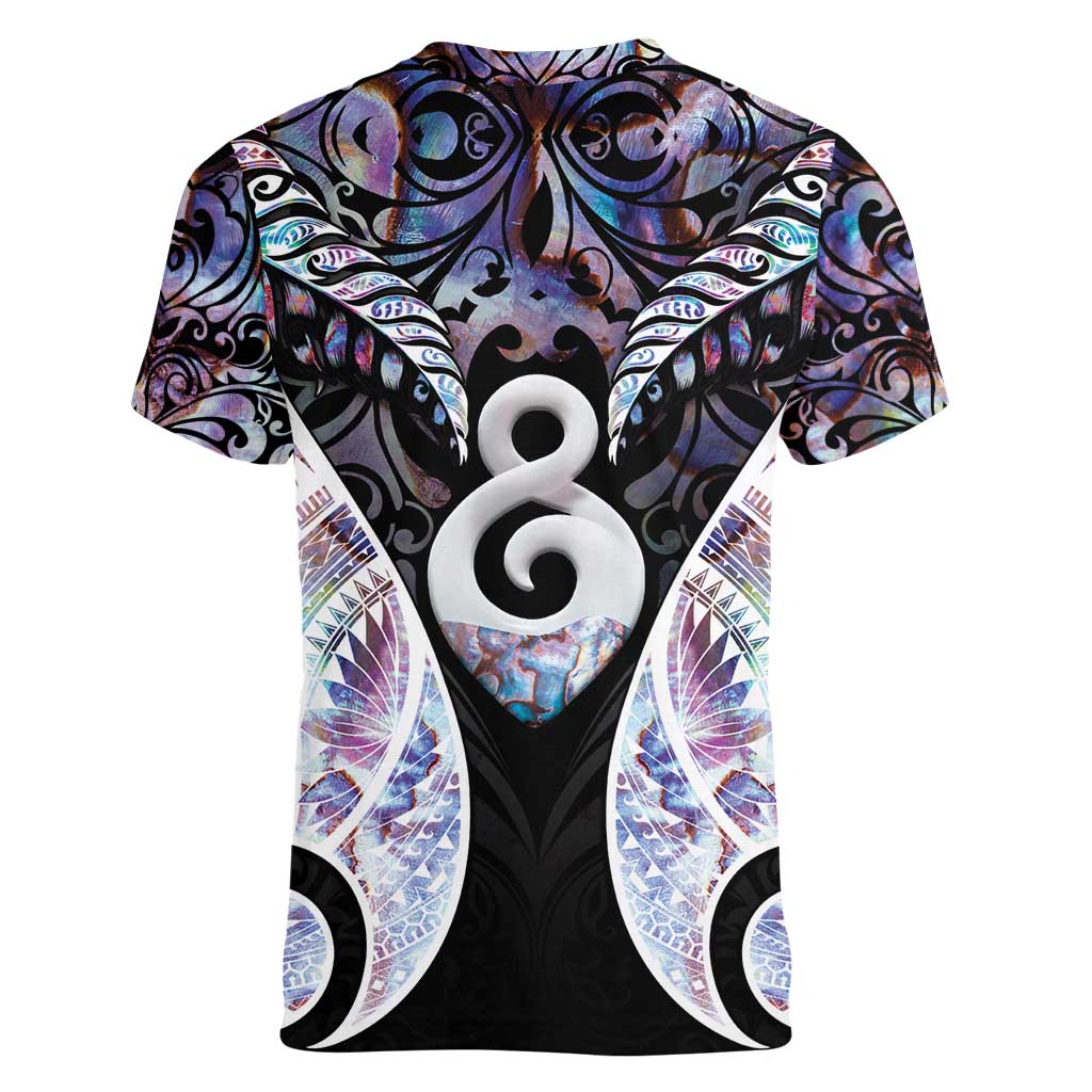 New Zealand Aotearoa Women V-Neck T-Shirt Pikorua Single Twist Pink Paua Shell