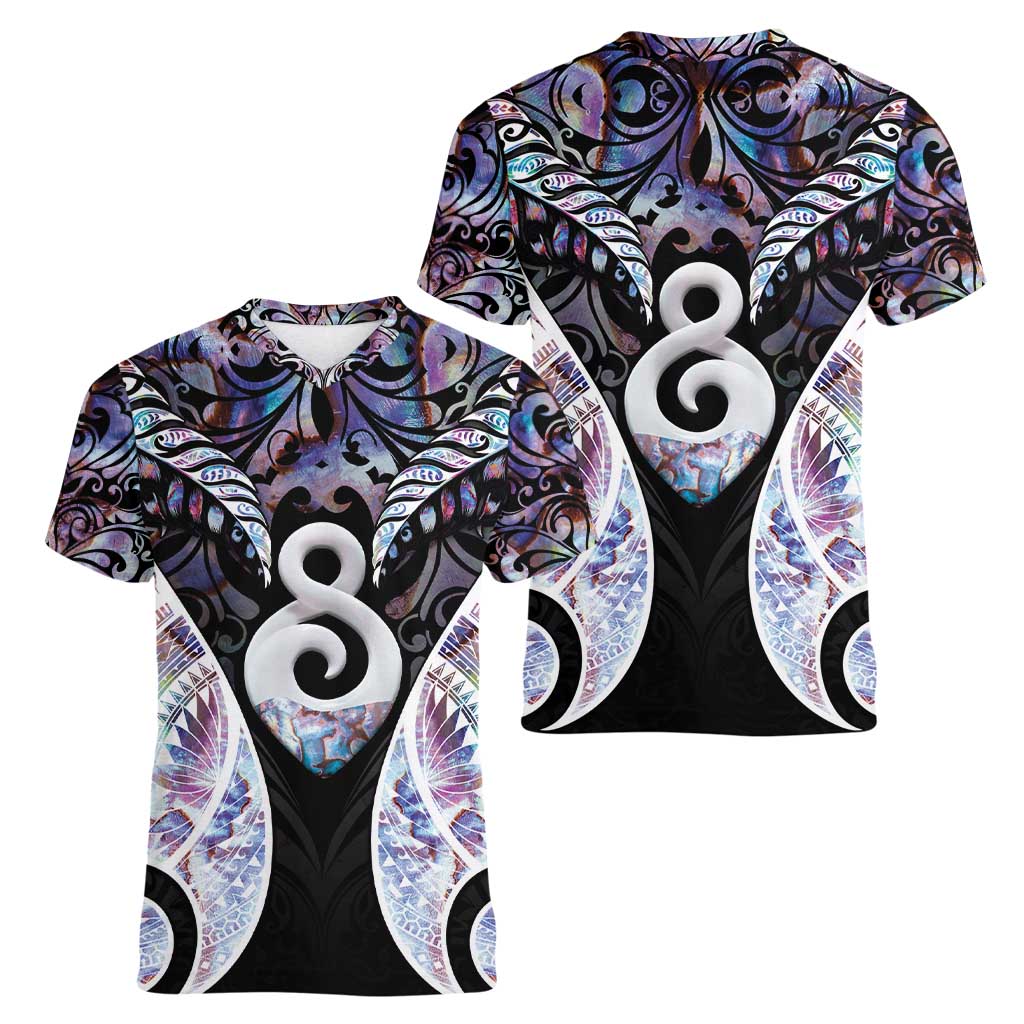 New Zealand Aotearoa Women V-Neck T-Shirt Pikorua Single Twist Pink Paua Shell