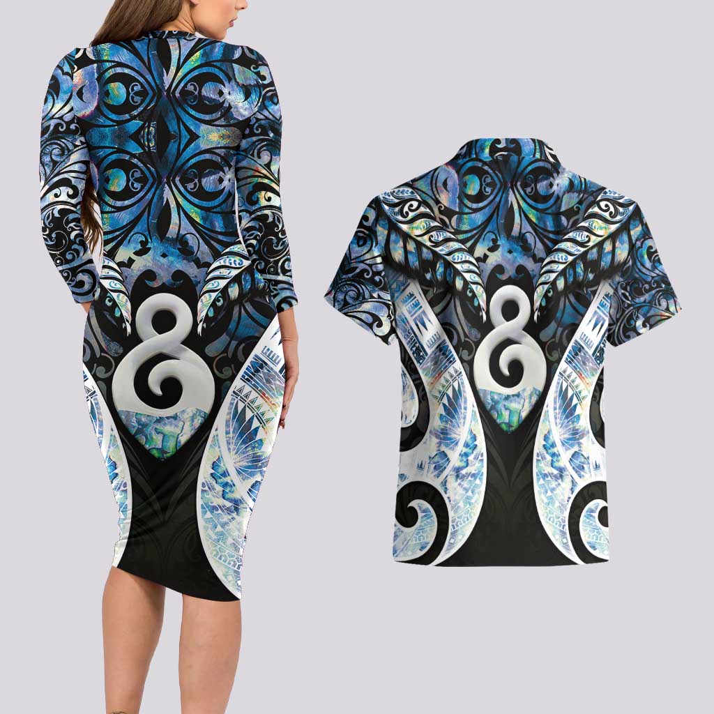 New Zealand Aotearoa Couples Matching Long Sleeve Bodycon Dress and Hawaiian Shirt Pikorua Single Twist Green Paua Shell DT05 - Polynesian Pride