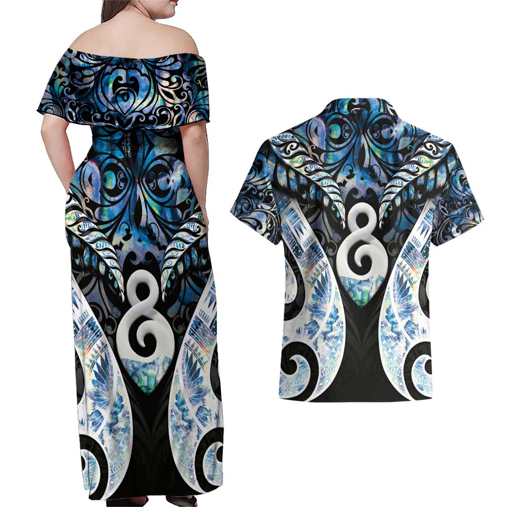 New Zealand Aotearoa Couples Matching Off Shoulder Maxi Dress and Hawaiian Shirt Pikorua Single Twist Green Paua Shell DT05 - Polynesian Pride