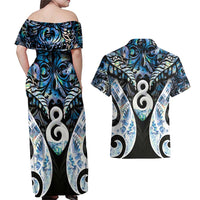 New Zealand Aotearoa Couples Matching Off Shoulder Maxi Dress and Hawaiian Shirt Pikorua Single Twist Green Paua Shell DT05 - Polynesian Pride