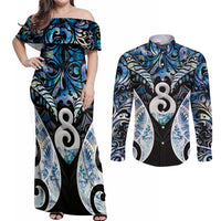 New Zealand Aotearoa Couples Matching Off Shoulder Maxi Dress and Long Sleeve Button Shirt Pikorua Single Twist Green Paua Shell