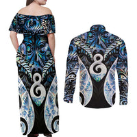 New Zealand Aotearoa Couples Matching Off Shoulder Maxi Dress and Long Sleeve Button Shirt Pikorua Single Twist Green Paua Shell