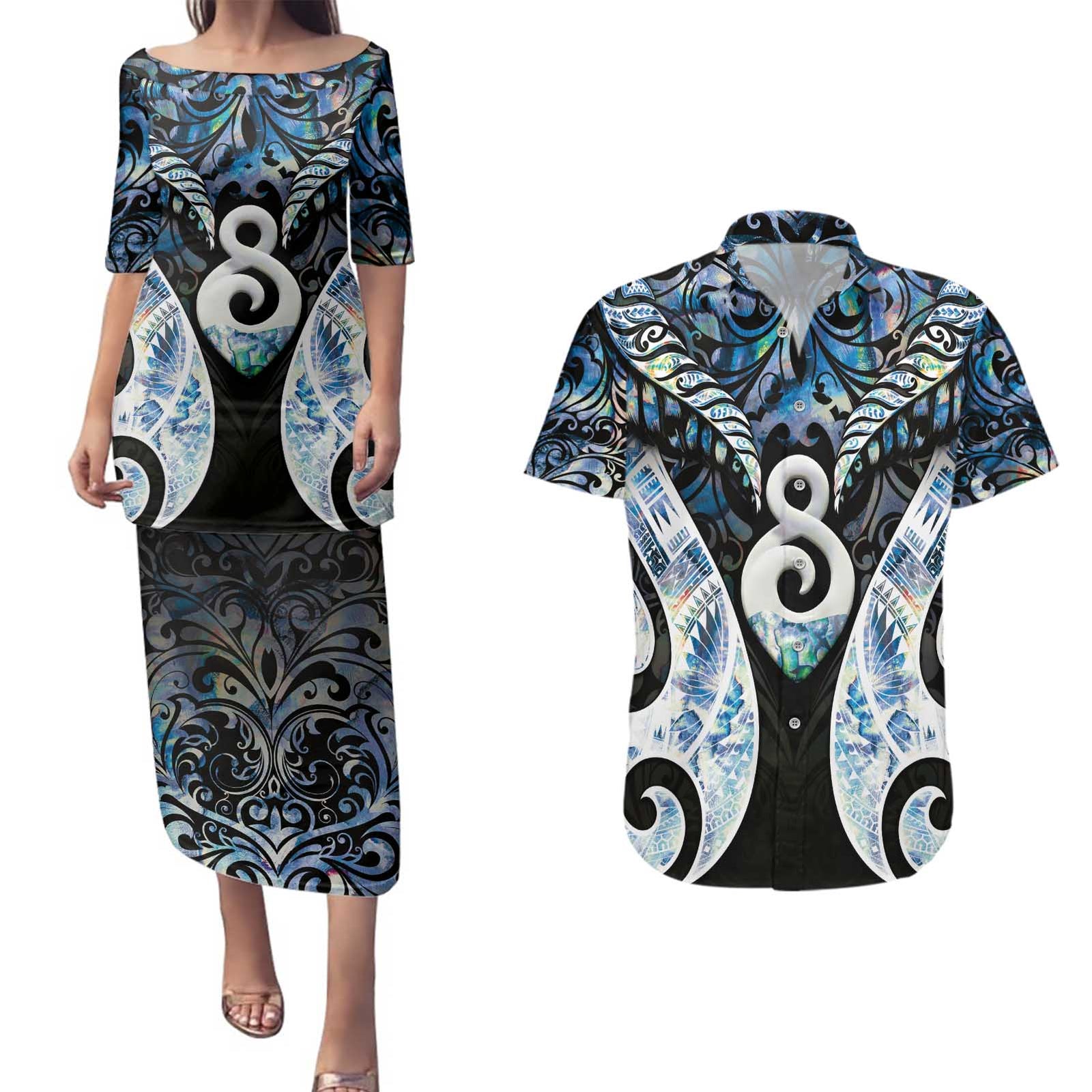 New Zealand Aotearoa Couples Matching Puletasi and Hawaiian Shirt Pikorua Single Twist Green Paua Shell