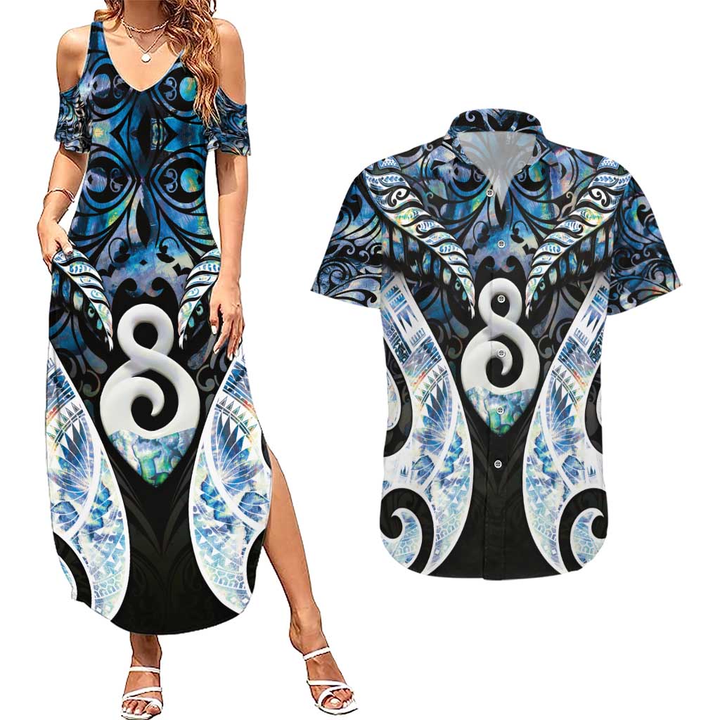 New Zealand Aotearoa Couples Matching Summer Maxi Dress and Hawaiian Shirt Pikorua Single Twist Green Paua Shell DT05 Green - Polynesian Pride