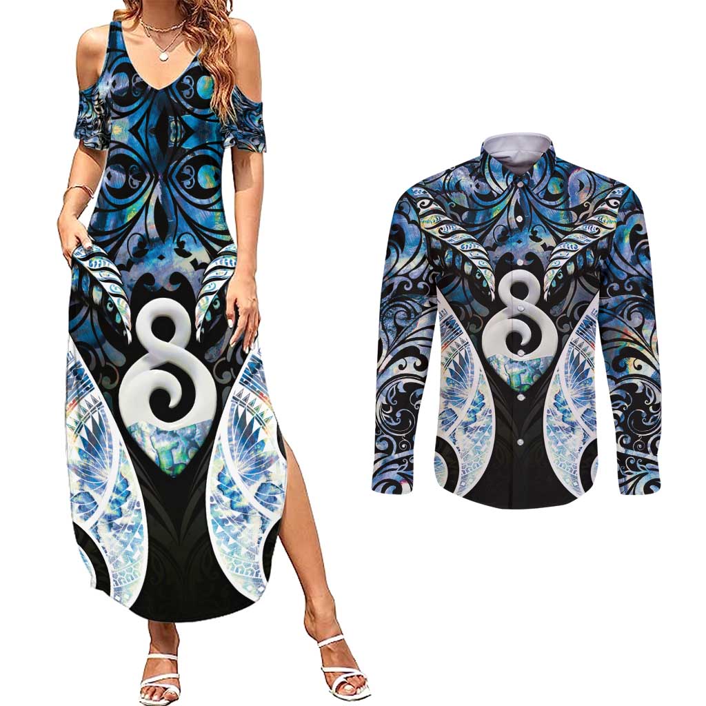 New Zealand Aotearoa Couples Matching Summer Maxi Dress and Long Sleeve Button Shirt Pikorua Single Twist Green Paua Shell
