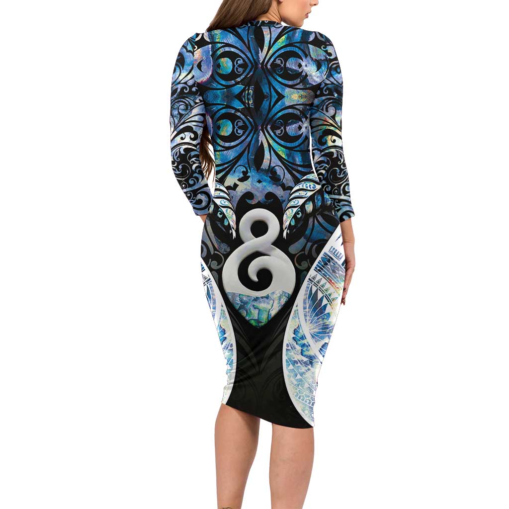 New Zealand Aotearoa Family Matching Long Sleeve Bodycon Dress and Hawaiian Shirt Pikorua Single Twist Green Paua Shell DT05 - Polynesian Pride