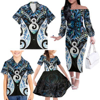 New Zealand Aotearoa Family Matching Off The Shoulder Long Sleeve Dress and Hawaiian Shirt Pikorua Single Twist Green Paua Shell DT05 - Polynesian Pride