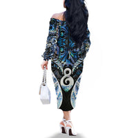 New Zealand Aotearoa Family Matching Off The Shoulder Long Sleeve Dress and Hawaiian Shirt Pikorua Single Twist Green Paua Shell DT05 - Polynesian Pride