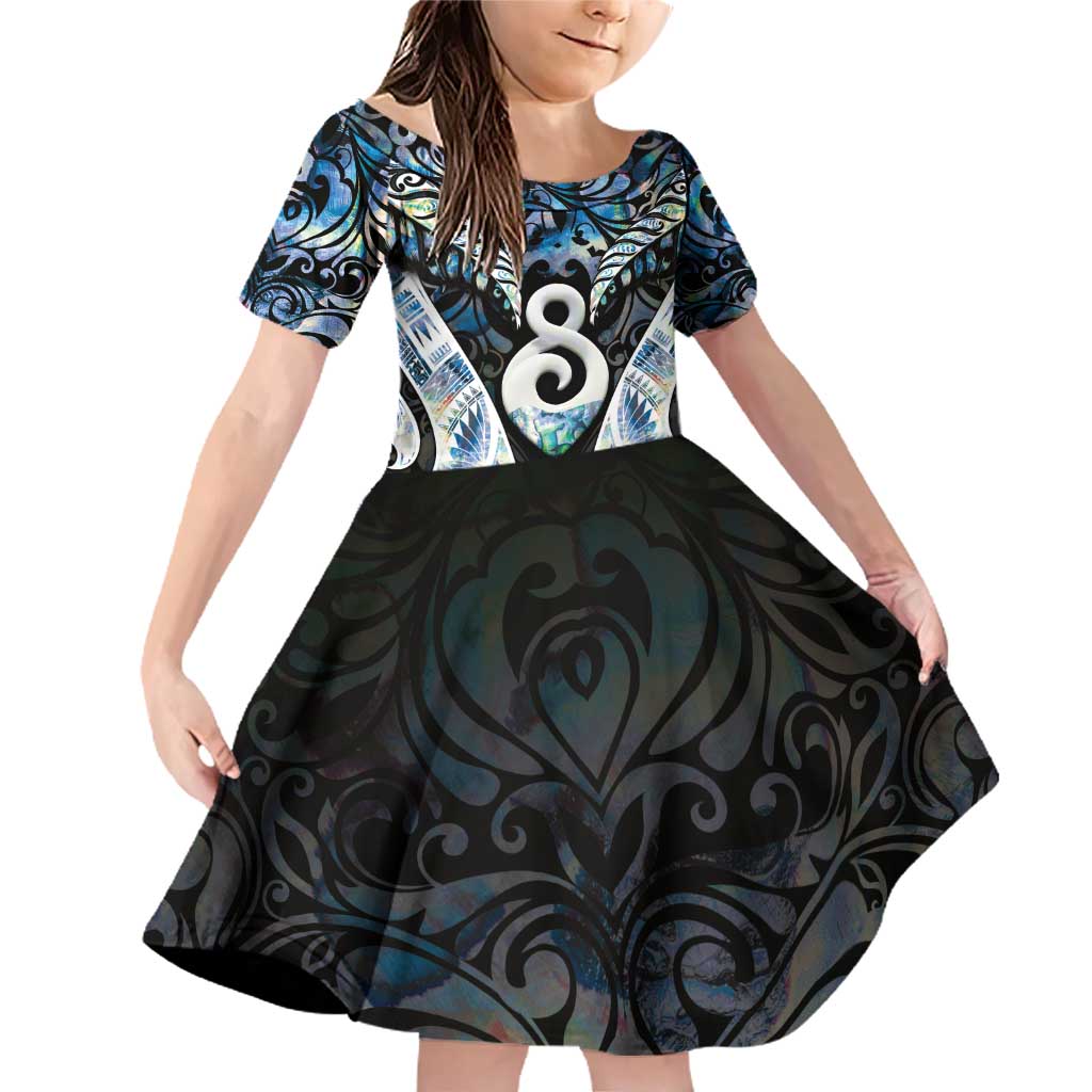 New Zealand Aotearoa Family Matching Off Shoulder Short Dress and Hawaiian Shirt Pikorua Single Twist Green Paua Shell DT05 Daughter's Dress Green - Polynesian Pride